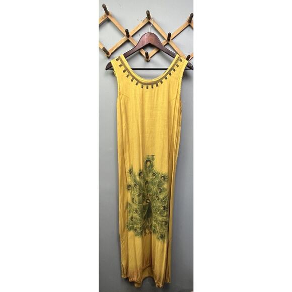 Beach Crew Dress Womens OSFA Peacock Print Sleeveless Maxi Dress Flowy Boho FLAW - Picture 1 of 10